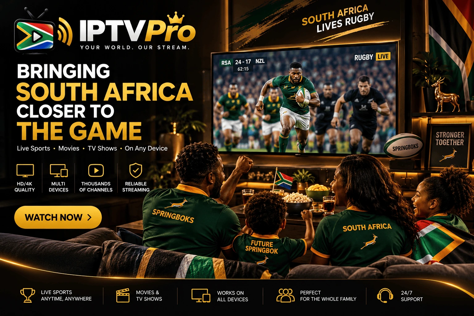 IPTV Pro running on a television, a tablet and a phone at the same time