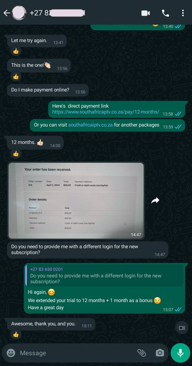 Message from an IPTV Pro customer
